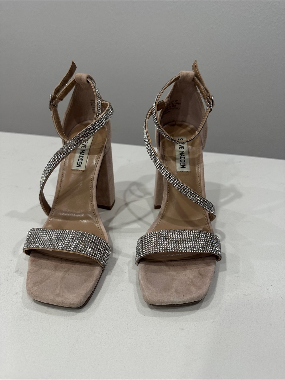 Steve Madden Beige Suede Block Heel Sandals with Rhinestone Straps